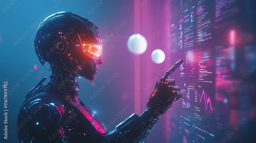 Futuristic robot interacting with holographic display. Futuristic robot interacting with holographic display.