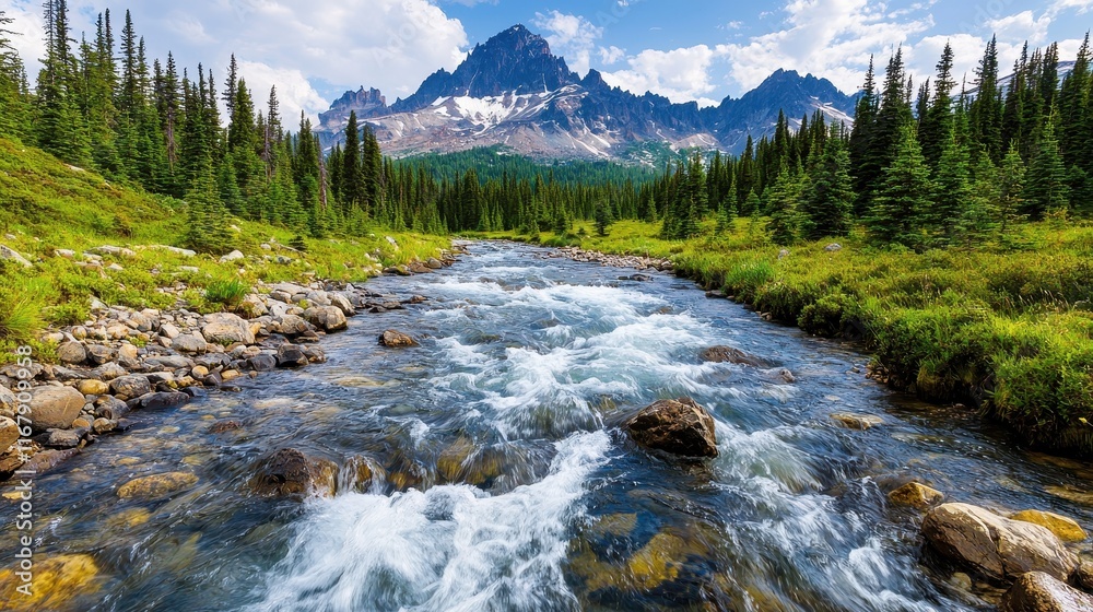 Fototapeta premium Serene Mountain River Flowing Through Lush Green Wilderness
