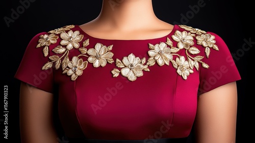 Elegant maroon dress with intricate floral embroidery on black background photo