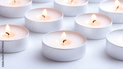 Lit tealight candles in soft focus creating a warm glow photo