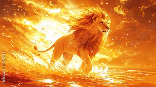 Fiery lion running through flames and water.