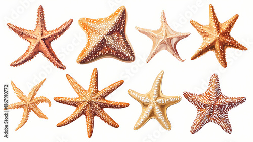 Starfish set isolated on transparent background, various angles and types of starfish sea creatures. Starshade. Illustration