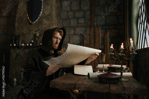 Medieval monk wearing robe with hood reading sacred manuscript on parchment