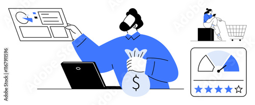 Man holding money bag, viewing data on laptop, comparing online cart experience, rating with stars. Ideal for financial management, e-commerce, customer reviews, investment, budgeting analytics