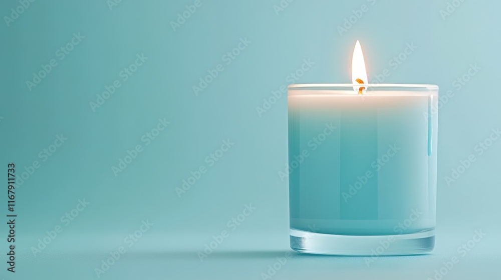 Elegant blue candle with gentle flame on minimalistic teal background Elegant blue candle with gentle flame on minimalistic teal background
