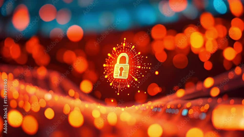 Digital lock glowing red bokeh background.
