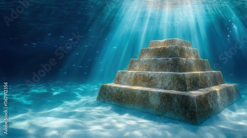 Mystical underwater pyramid with sunlight rays illuminating the ocean floor photo