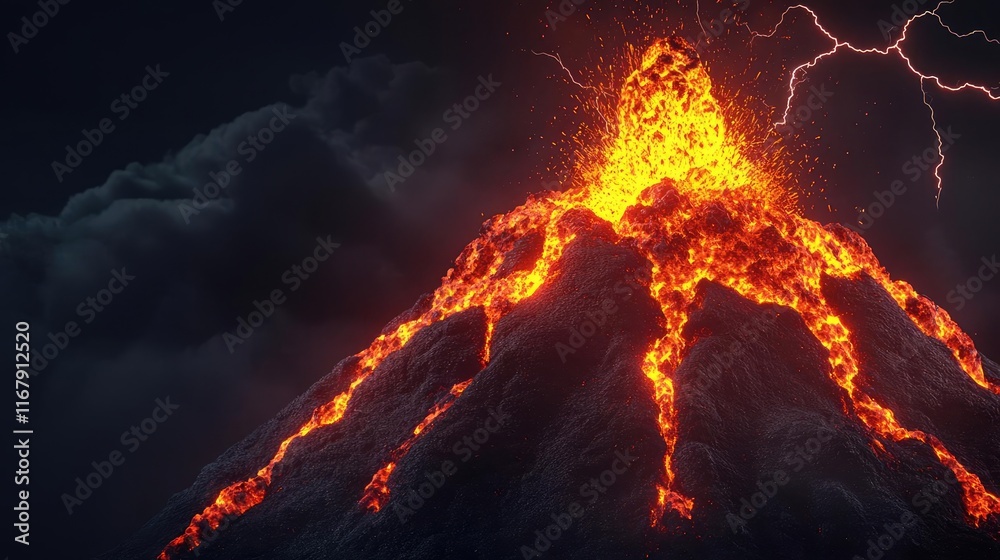 An active volcano erupts with molten lava and lightning striking in the background, showcasing nature's raw power and beauty in a dramatic scene. An active volcano erupts with molten lava and lightning striking in the background, showcasing nature's raw power and beauty in a dramatic scene.