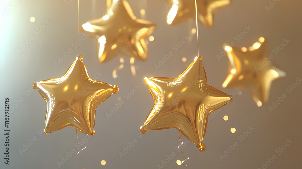 Reflective gold star balloons with soft lighting in minimal setting ai generative.. Starshade. Illustration Reflective gold star balloons with soft lighting in minimal setting ai generative.. Starshade. Illustration