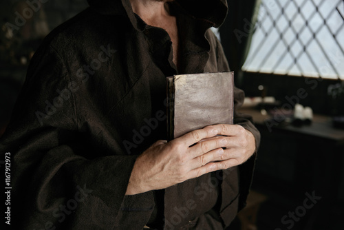 Medieval priest holding closed bible book and rosary beads in hands closeup