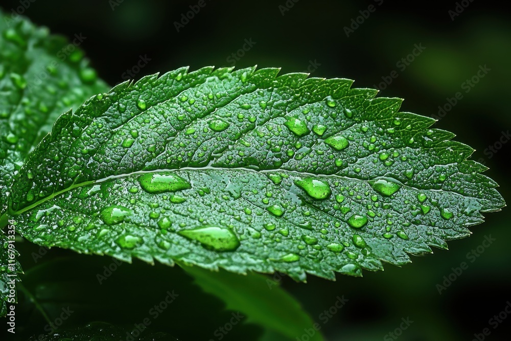 Close-up of a green leaf adorned with droplets of water, showcasing the freshness of nature. Generative AI Close-up of a green leaf adorned with droplets of water, showcasing the freshness of nature. Generative AI