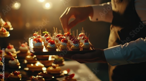 A Waiter Carefully Arranging Delicious Raspberry Mini Cakes on a Tray for a Luxurious Event