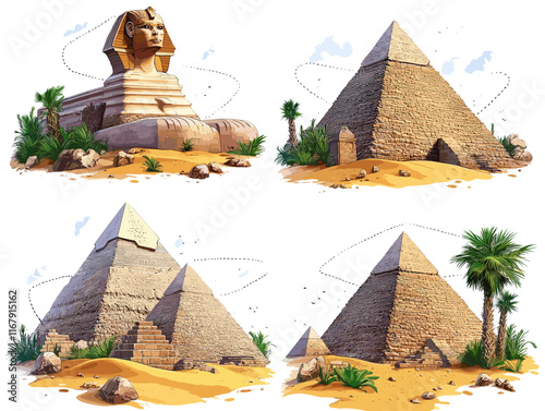 Stunning Image of Sphinx and Great Pyramids of Giza in Egypt with Desert Landscape, Sand, and Vegetation: Ancient Egyptian Landmarks and Historical Wonders