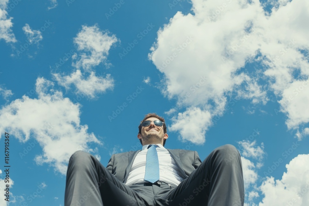 Businessman, sunglasses, suit, sky, clouds, relaxing. Businessman, sunglasses, suit, sky, clouds, relaxing.