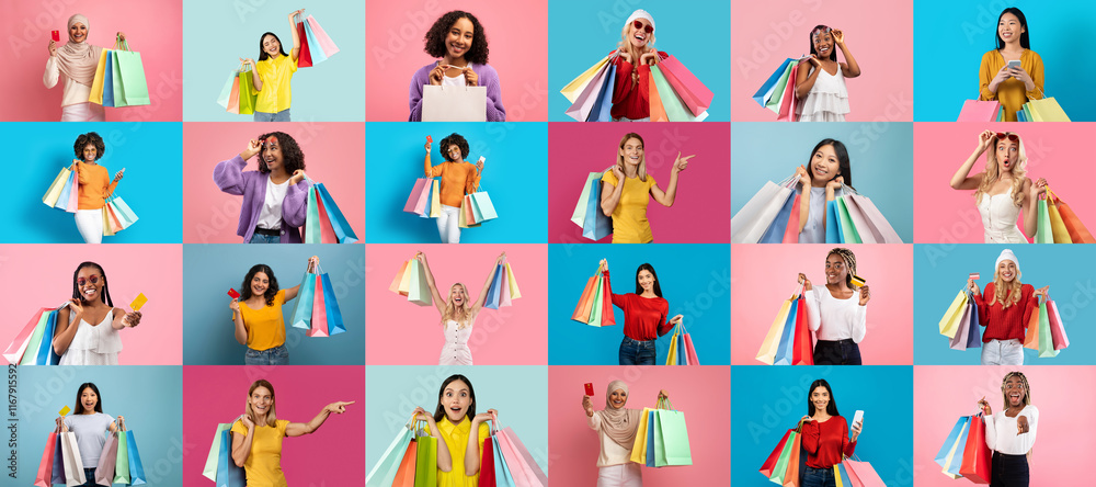 A diverse group of people joyfully holding colorful shopping bags celebrates their purchases during a Black Friday event. The vibrant backdrop enhances the lively atmosphere of consumer excitement. A diverse group of people joyfully holding colorful shopping bags celebrates their purchases during a Black Friday event. The vibrant backdrop enhances the lively atmosphere of consumer excitement.