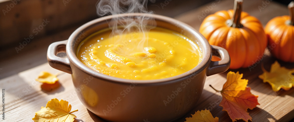 Steaming pumpkin soup in rustic bowl, autumn warmth and comfort Steaming pumpkin soup in rustic bowl, autumn warmth and comfort