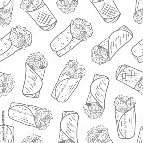 Kebab Pattern background. burrito pattern background. shawarma pattern background. Rolled Sandwich doodle illustration pattern.