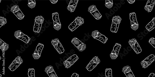 Kebab Pattern background. burrito pattern background. shawarma pattern background. Rolled Sandwich doodle illustration pattern.