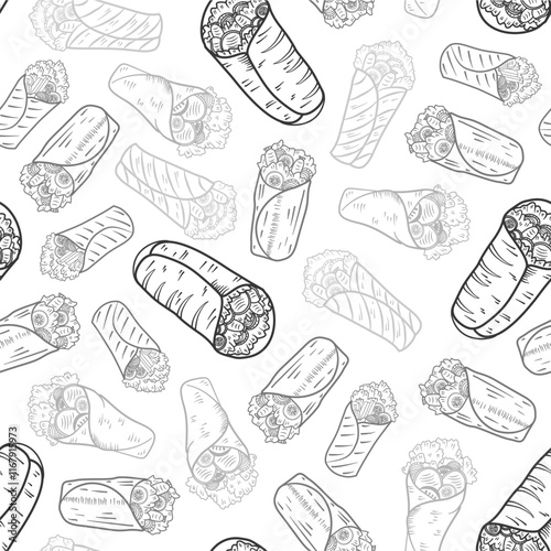 Kebab Pattern background. burrito pattern background. shawarma pattern background. Rolled Sandwich doodle illustration pattern.