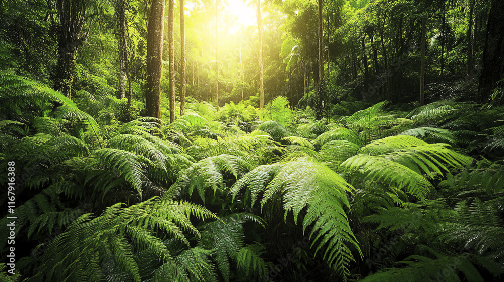 Lush tropical rainforest with vibrant ferns and sunlight filtering through trees Lush tropical rainforest with vibrant ferns and sunlight filtering through trees