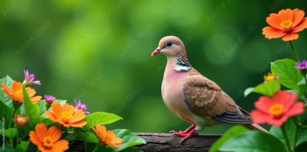 A peaceful dove surrounded by lush green leaves and colorful flowers, peace symbol, animal A peaceful dove surrounded by lush green leaves and colorful flowers, peace symbol, animal