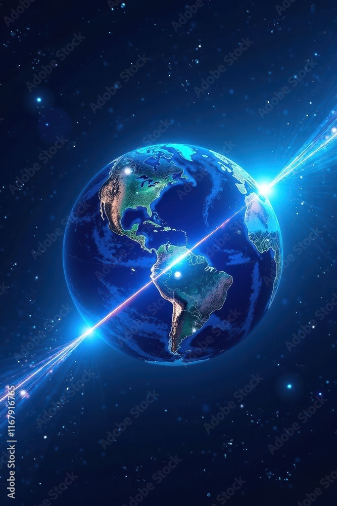 Fototapeta premium A vibrant blue streak of light races around the globe , energy, space