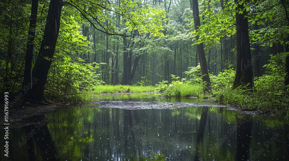 moody, serene forest setting with still pond reflecting lush greenery moody, serene forest setting with still pond reflecting lush greenery
