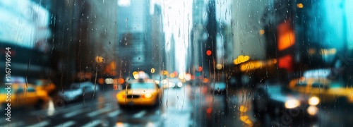 Rainy city street with blurred lights and yellow taxis
