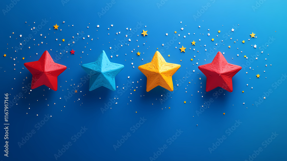 Obraz premium Colorful stars on a blue background, perfect for representing ratings, reviews, or awards in various design projects. Starshade. Illustration