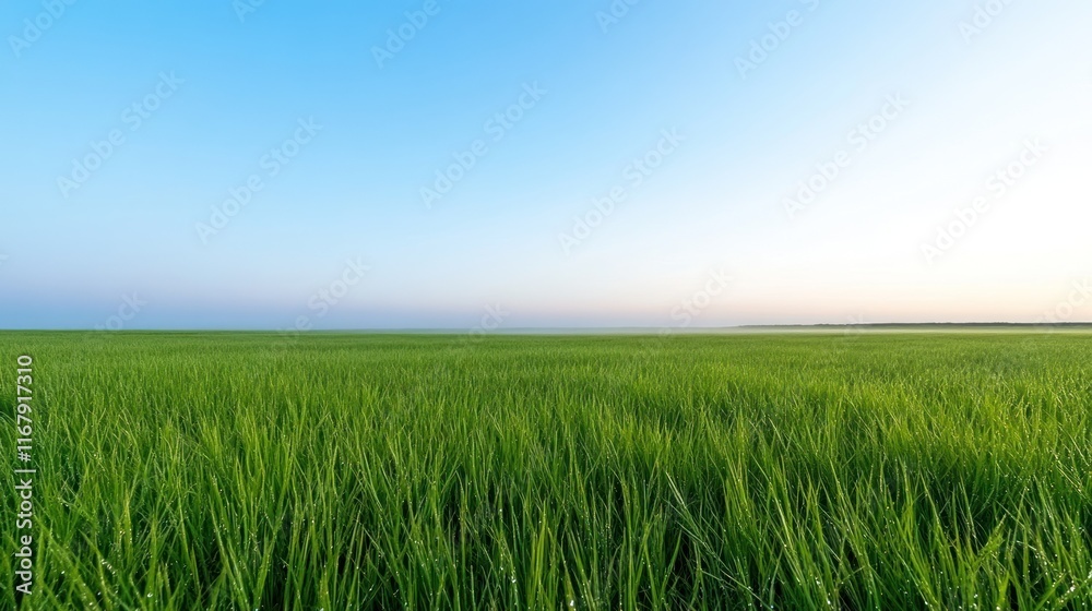 Lush green rice field under a clear blue sky at dawn. Lush green rice field under a clear blue sky at dawn.