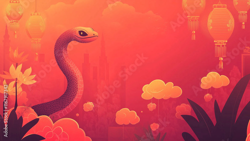 Chinese New Year Snake, Chinese New Year Banner Year of the Snake, Snake and Flower Themed Template, Elegant Year of the Snake template banner design photo