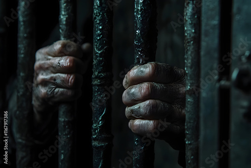 Aged Hands Gripping Prison Bars