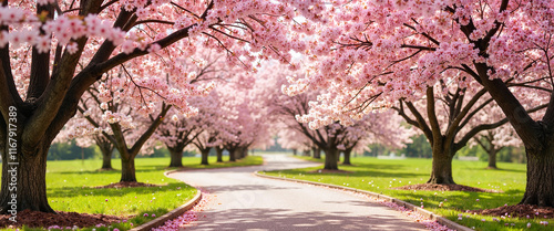 Blooming cherry blossom branches arching over winding path, Spring awakening