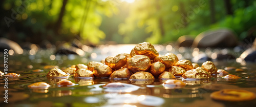 Sparkling gold nuggets glistening in clear river, nature's treasure photo