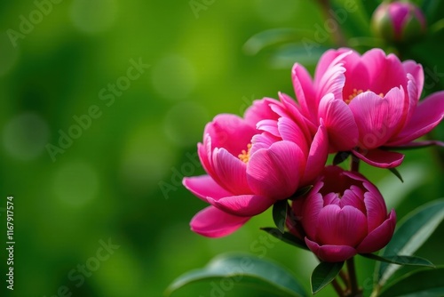 Close-up of fuchsia peonies against a green garden backdrop , romantic, bloom