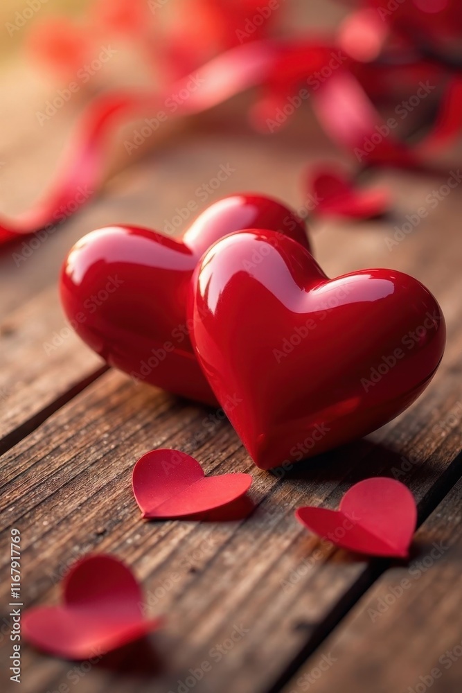 Close-up of two glossy red hearts on warm wood Valentine's Day backdrop , valentines, surface Close-up of two glossy red hearts on warm wood Valentine's Day backdrop , valentines, surface