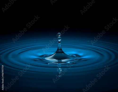 A high-quality close-up image of a water drop impacting a dark-blue water surface, creating concentric ripples. photo