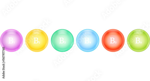 Vector set of round vitamin B group icons. Round multicolored pills. Vector illustration.