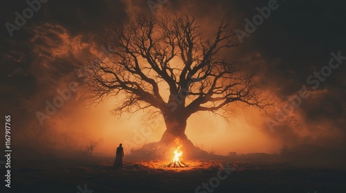 Shadowy Encounters: Sinister Campfire Scene with Brooding Swordsman in Dark Fantasy Setting