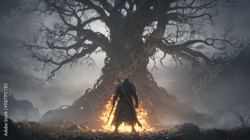 Shadows of the Night: Enigmatic Swordsman at Campfire in Dark Fantasy Landscape