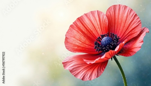 Close-up watercolor single poppy, delicate brushstrokes , watercolor art, nature illustration photo