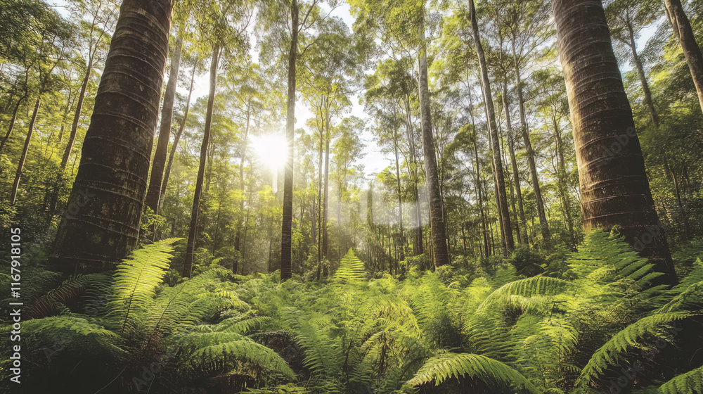 Fototapeta premium Lush tropical rainforest with towering trees and vibrant ferns