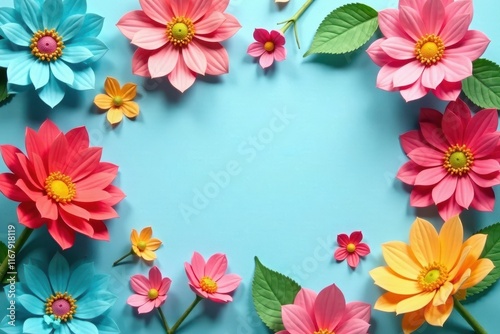 Colorful handmade paper blooms, light blue, central blank area , paper flower, spring