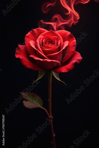 Crimson smoke swirls caress a velvety red rose, stark black backdrop, intense, hot