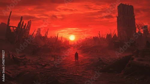 Crimson Dawn of Desolation - Dark Fantasy Artwork of Lone Survivor Amid War Wreckage with Hardened Resolve Cinematic Vibes