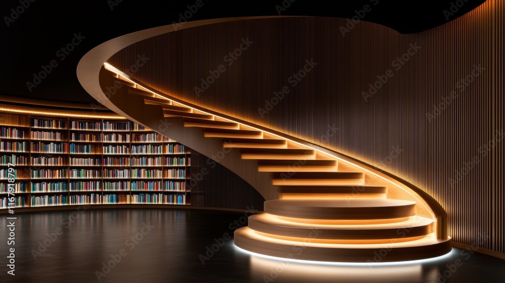 Obraz premium Elegant spiral staircase in modern library with warm lighting