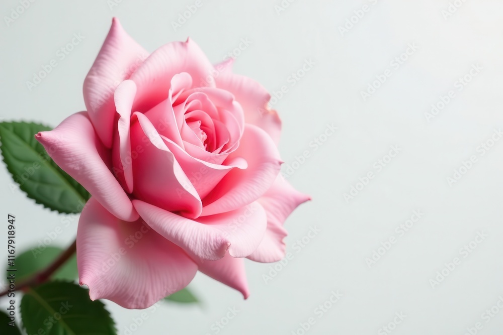 Delicate pink rose blossom, pristine white backdrop, pastel, spring