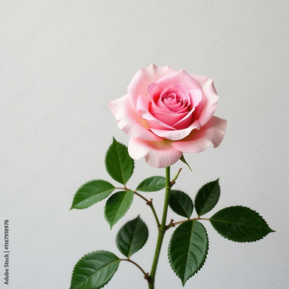 Delicate pink rose blossom, pristine white backdrop, macro photography, single rose Delicate pink rose blossom, pristine white backdrop, macro photography, single rose
