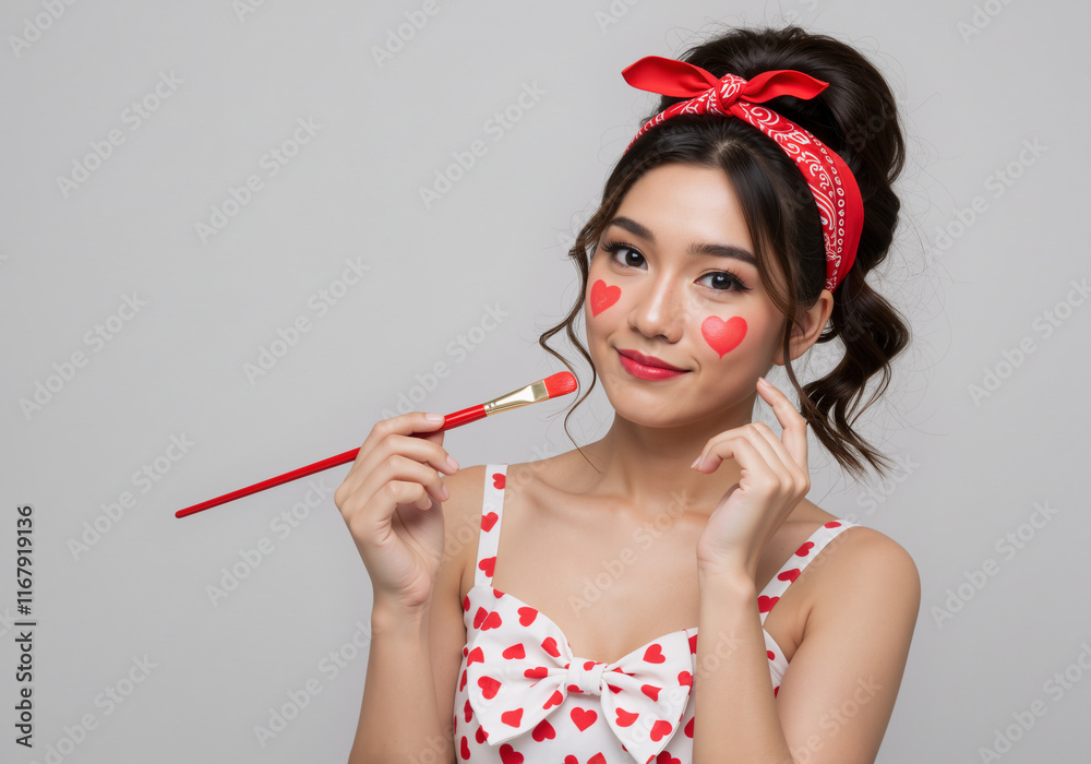 Thai girl holding a red paintbrush and a red valentine's hearts painted on her pretty face, playful and seductive smile, in love romantic feelings, dating theme - isolated background Thai girl holding a red paintbrush and a red valentine's hearts painted on her pretty face, playful and seductive smile, in love romantic feelings, dating theme - isolated background