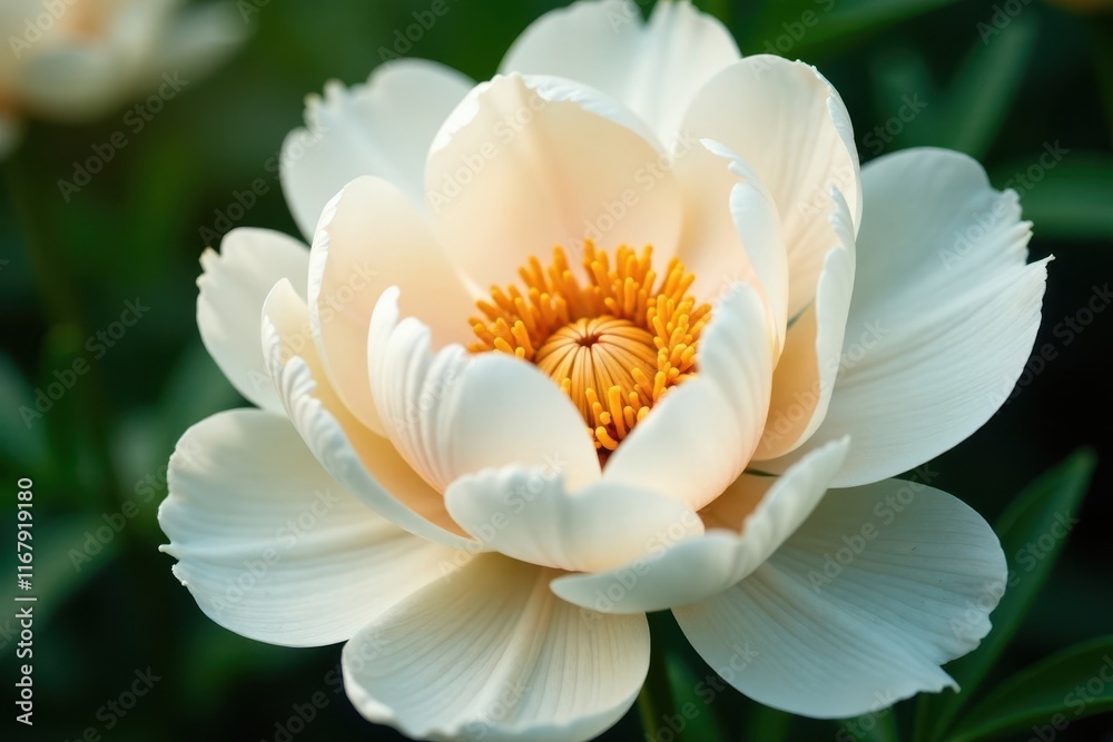 Delicate white petals unfolding around a lush fresh peony flower center, spring, nature Delicate white petals unfolding around a lush fresh peony flower center, spring, nature